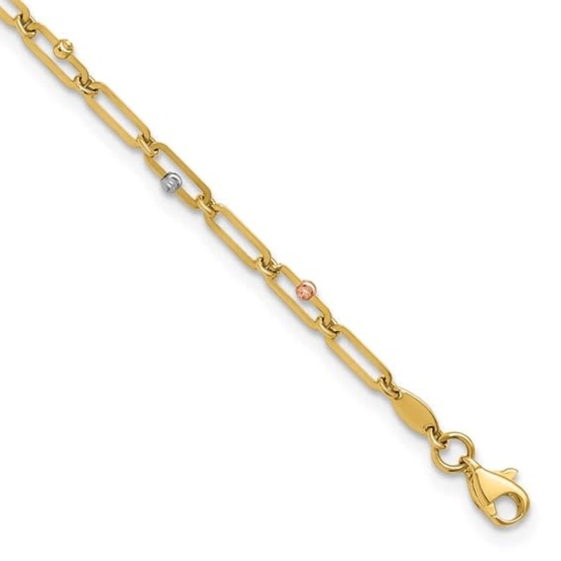 10K Tri-color Polished and Diamond-cut 10in Anklet