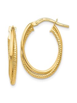 14K Gold Polished Textured Oval Hoop Earrings