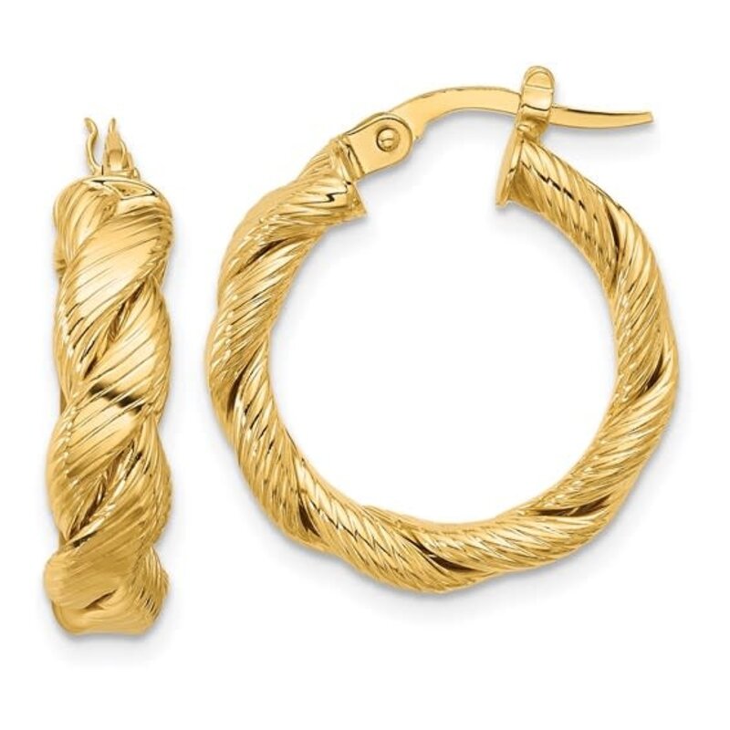 14k Polished and Textured Twist Hoop Earrings