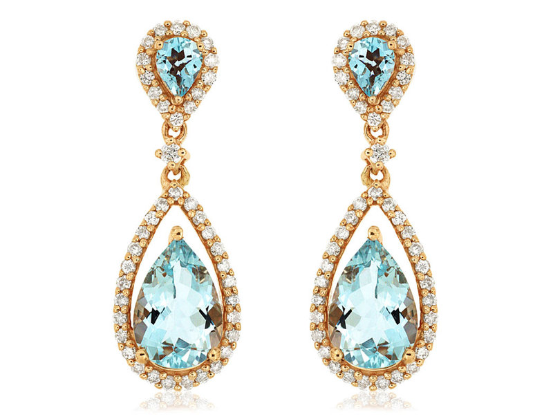 14K Rose Gold Aquamarine and Diamond Drop Earrings