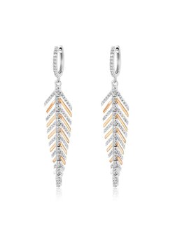 14K Two Tone Diamond Feather Earrings