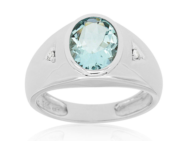 14K White Gold Aquamarine Gents Ring