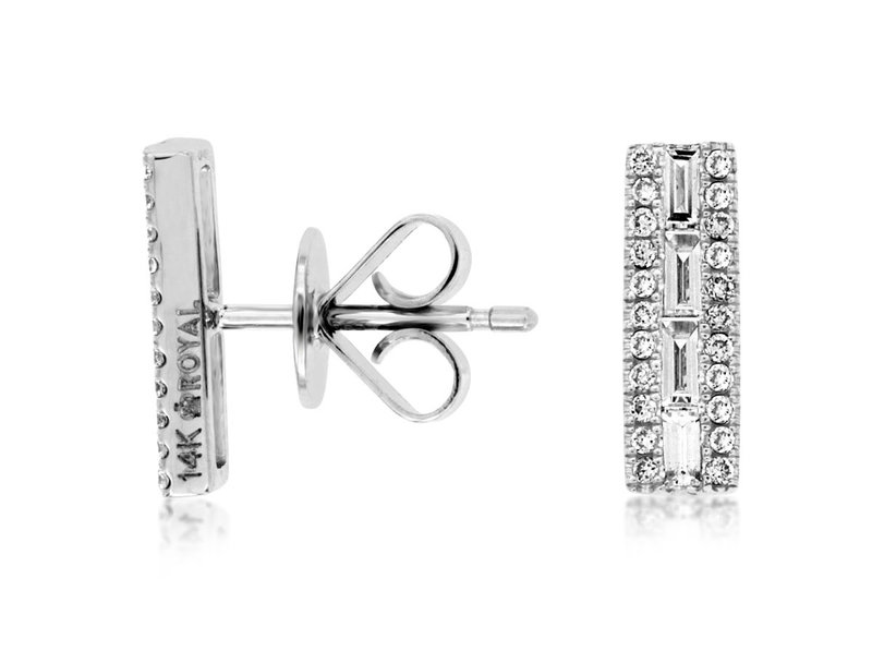 14K White Gold Baguette and Pave Diamond Bar Stud Earrings