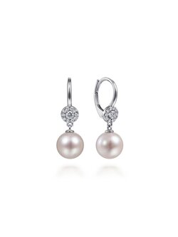 14K White Gold Cluster Diamond Disc and Pearl Drop Earrings