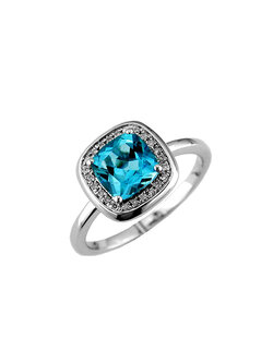 14K White Gold Cushion Cut Blue Topaz and Diamond Ring