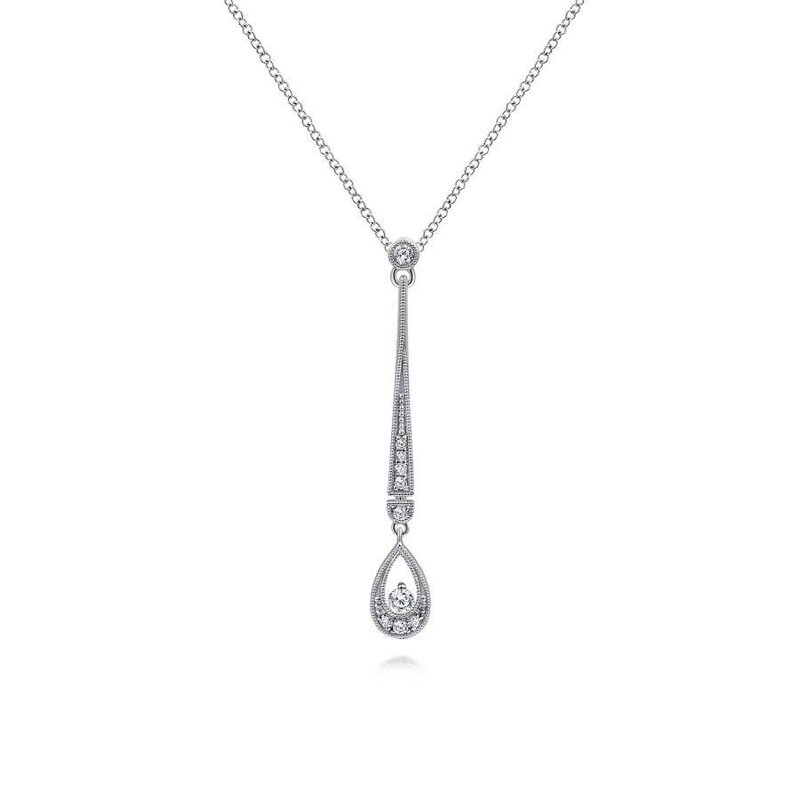 14K White Gold Diamond Bar and Teardrop Pendant Necklace