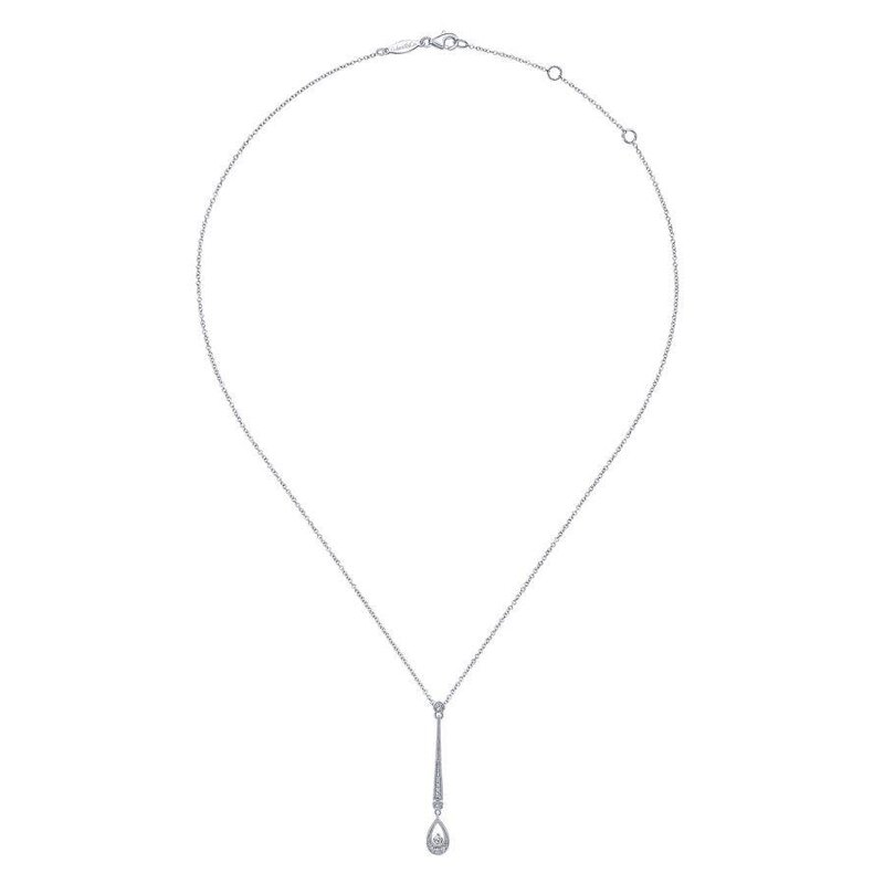 14K White Gold Diamond Bar and Teardrop Pendant Necklace