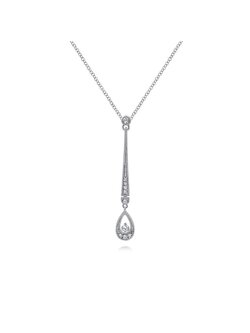 14K White Gold Diamond Bar and Teardrop Pendant Necklace