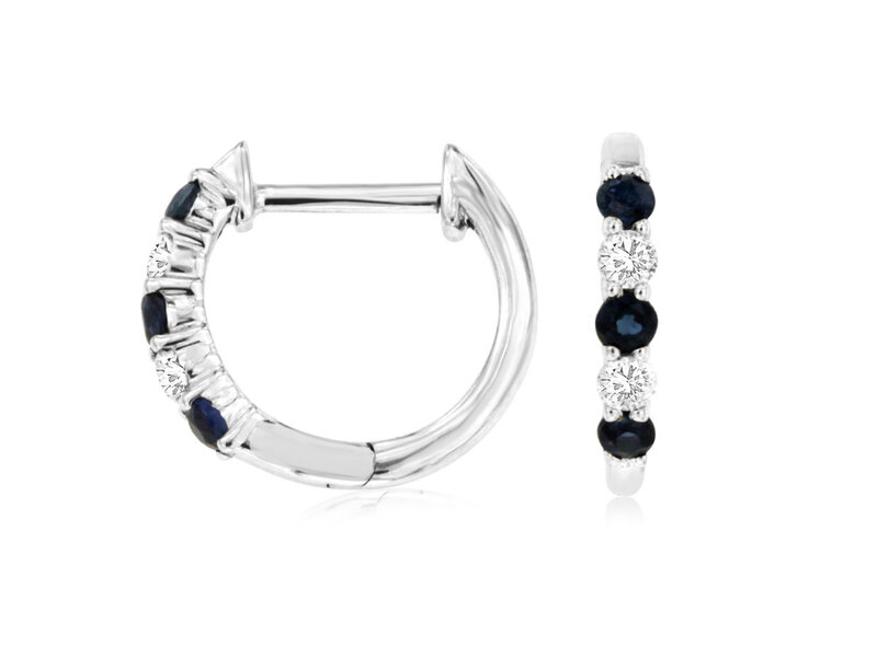 14K White Gold Mini Sapphire and Diamond Huggie Earrings