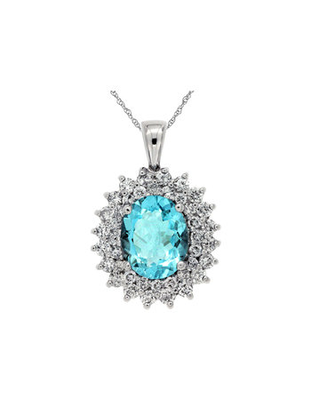 14K White Gold Oval Aquamarine and Diamond Halo Pendant Necklace