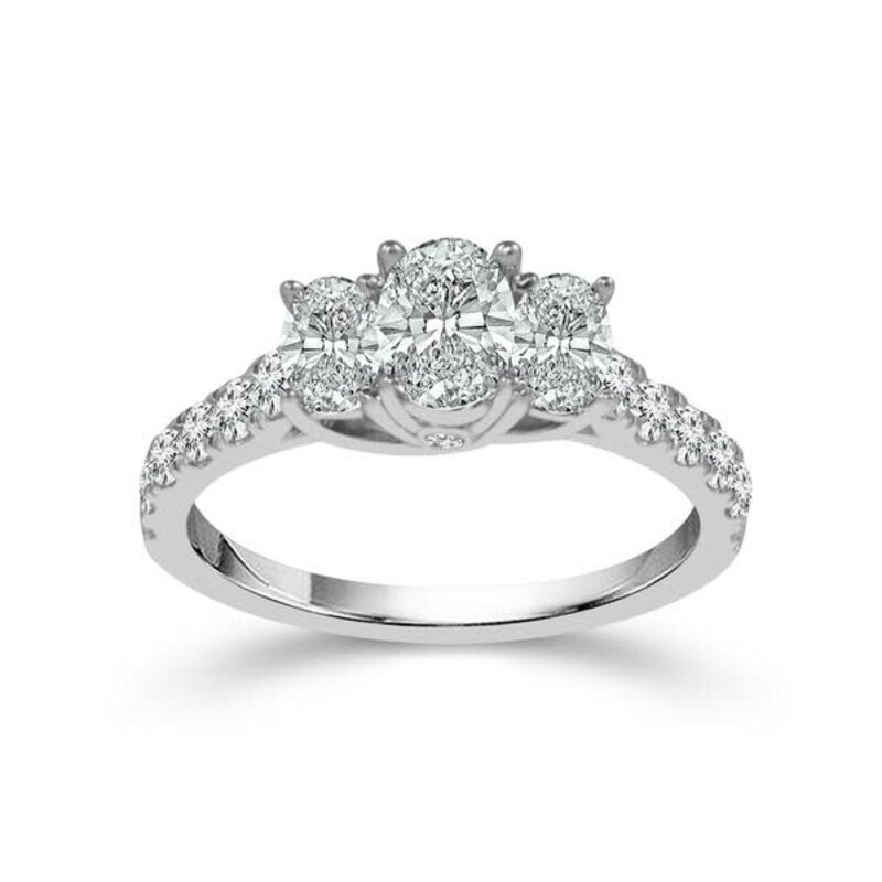 14K White Gold Oval Diamond Three Stone Engagement Ring