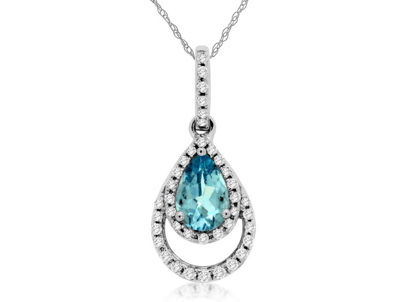 14K White Gold Pear Shaped Aquamarine and Diamond Necklace