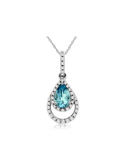 14K White Gold Pear Shaped Aquamarine and Diamond Necklace