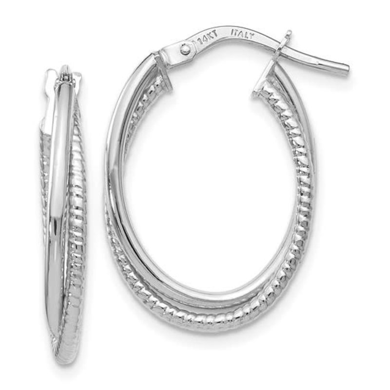 14K White Gold Polished Textured Oval Hoop Earrings