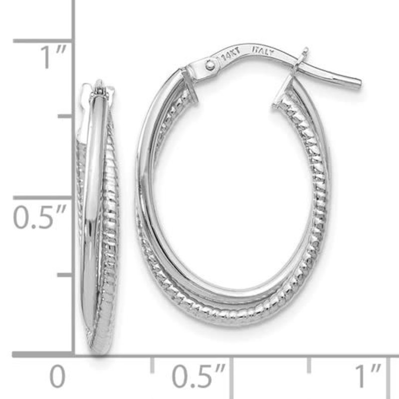 14K White Gold Polished Textured Oval Hoop Earrings