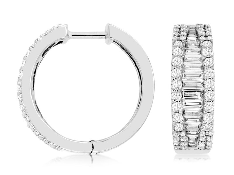 14K White Gold Round and Baguette Diamond Huggie Earrings