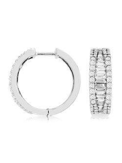 14K White Gold Round and Baguette Diamond Huggie Earrings