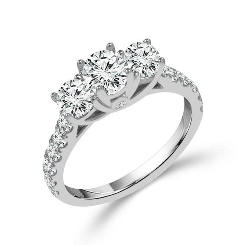 14K White Gold Round Brilliant Three Stone Engagement Ring