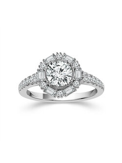 14K White Gold Round Diamond with Baguette Halo Engagement Ring