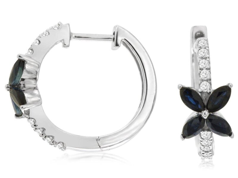 14K White Gold Sapphire and Diamond Flower Design Huggie Earrings