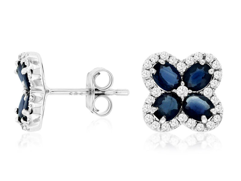 14K White Gold Sapphire and Diamond Flower Inspired Stud Earrings