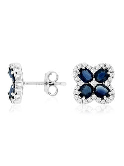 14K White Gold Sapphire and Diamond Flower Inspired Stud Earrings