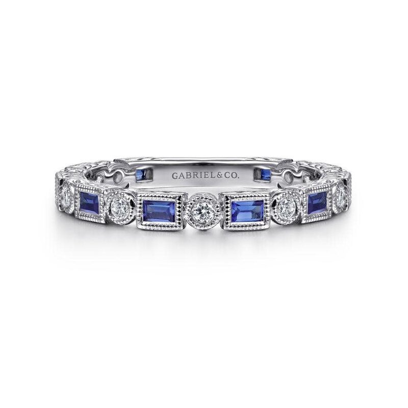 14K White Gold Sapphire Baguette and Diamond Round Ring