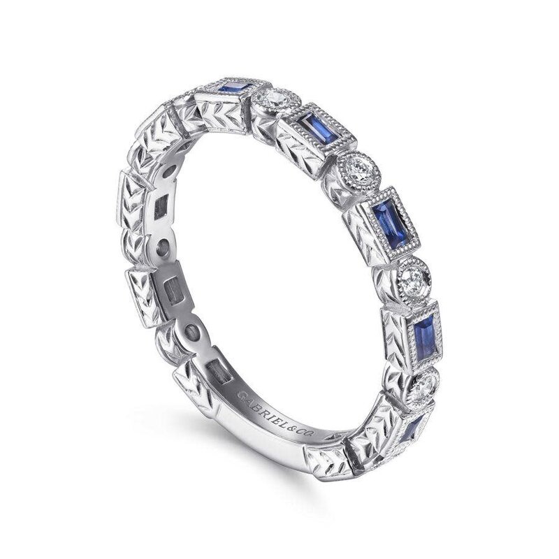 14K White Gold Sapphire Baguette and Diamond Round Ring