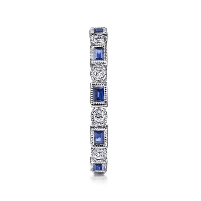 14K White Gold Sapphire Baguette and Diamond Round Ring