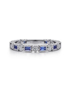 14K White Gold Sapphire Baguette and Diamond Round Ring