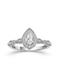 14K White Gold Vintage Style Pear Halo Engagement Ring