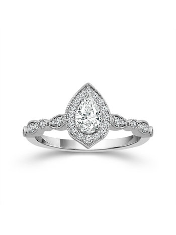 14K White Gold Vintage Style Pear Halo Engagement Ring