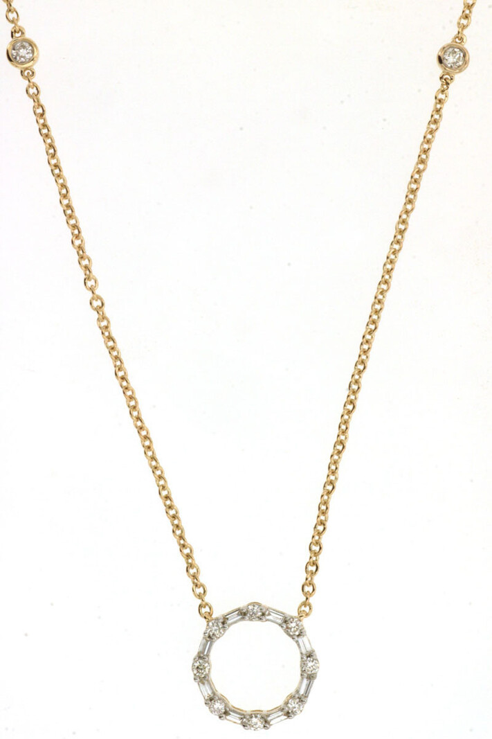 14K Yellow Gold Baguette and Pave Diamond Circle Necklace