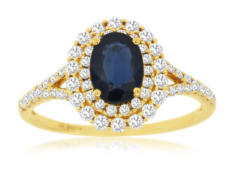 14K Yellow Gold Blue Sapphire with Double Halo Ring