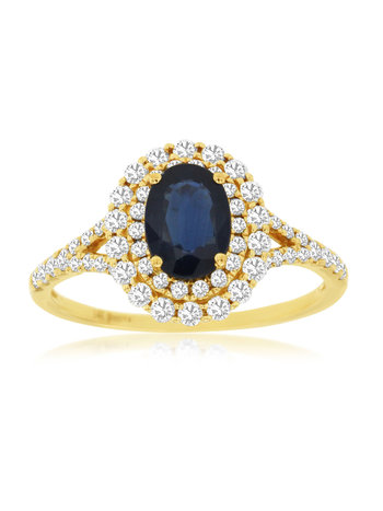 14K Yellow Gold Blue Sapphire with Double Halo Ring