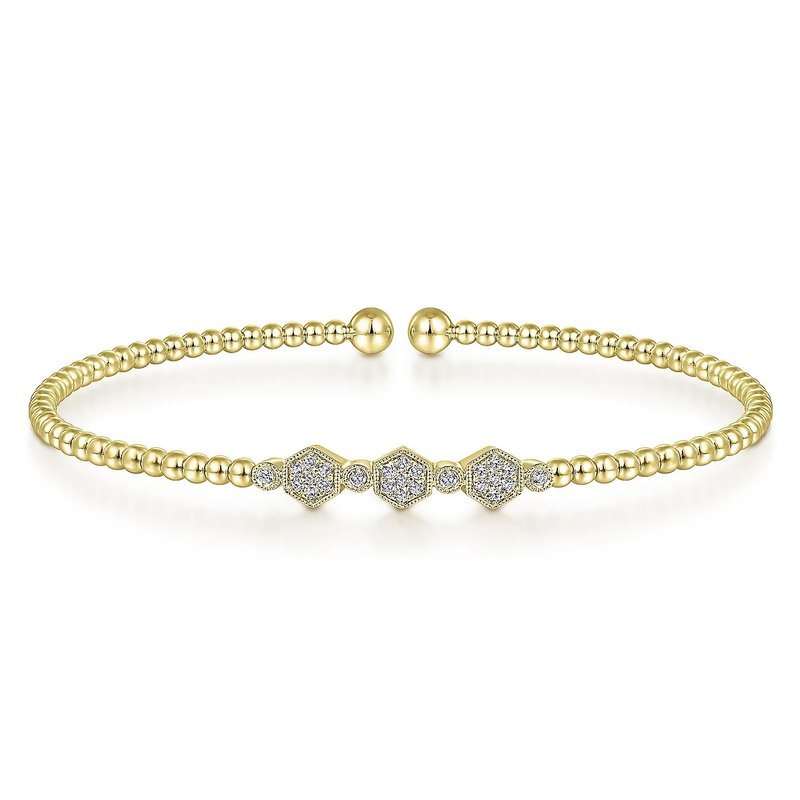 14K Yellow Gold Bujukan Bead Cuff Bracelet with Cluster Diamond Hexagon Stations