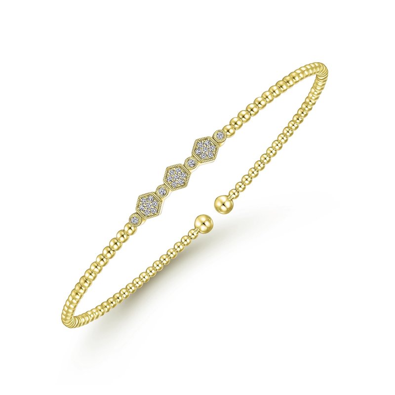 14K Yellow Gold Bujukan Bead Cuff Bracelet with Cluster Diamond Hexagon Stations