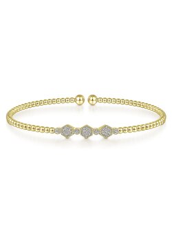 14K Yellow Gold Bujukan Bead Cuff Bracelet with Cluster Diamond Hexagon Stations