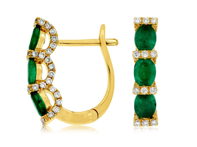 14K Yellow Gold Emerald and Diamond Huggie Hoop Earrings