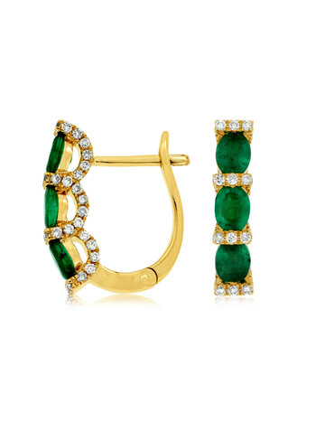 14K Yellow Gold Emerald and Diamond Huggie Hoop Earrings