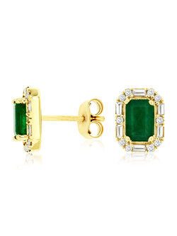 14K Yellow Gold Emerald and Diamond Stud Earrings