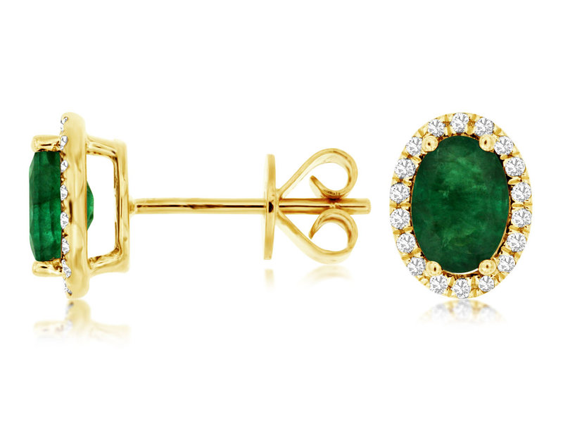 14K Yellow Gold Emerald and Diamond Stud Earrings