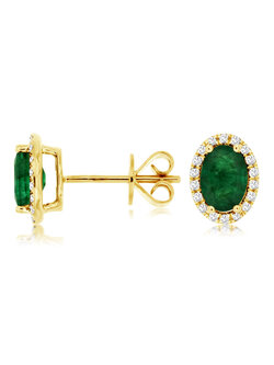 14K Yellow Gold Emerald and Diamond Stud Earrings