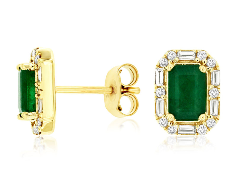 14K Yellow Gold Emerald and Diamond Stud Earrings