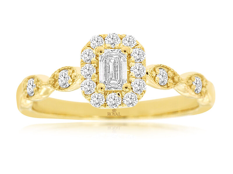 14K Yellow Gold Emerald Cut Diamond Halo Engagement Ring