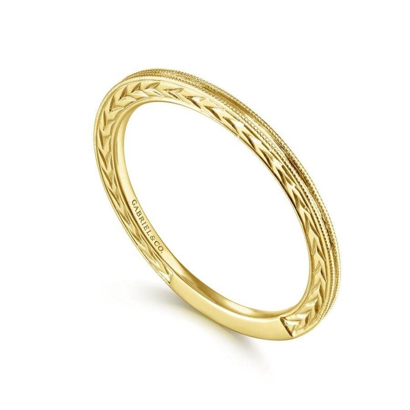 14k Yellow Gold Engraved Milgrain Slim Stackable Ring