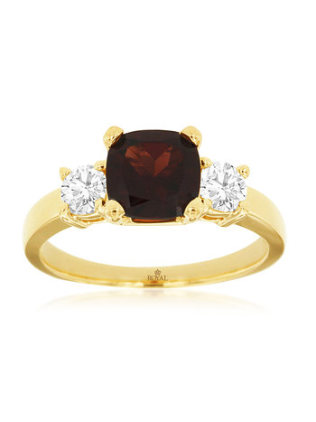 14K Yellow Gold Garnet and Diamond Three Stone Ring