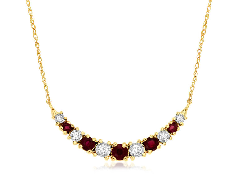 14K Yellow Gold Graduated Ruby and Diamond Bar Necklace