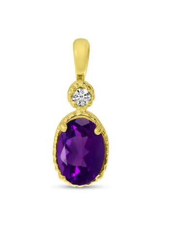 14K Yellow Gold Oval Amethyst Millgrain Birthstone Pendant