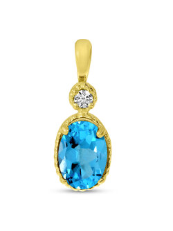 14K Yellow Gold Oval Blue Topaz Millgrain Birthstone Pendant